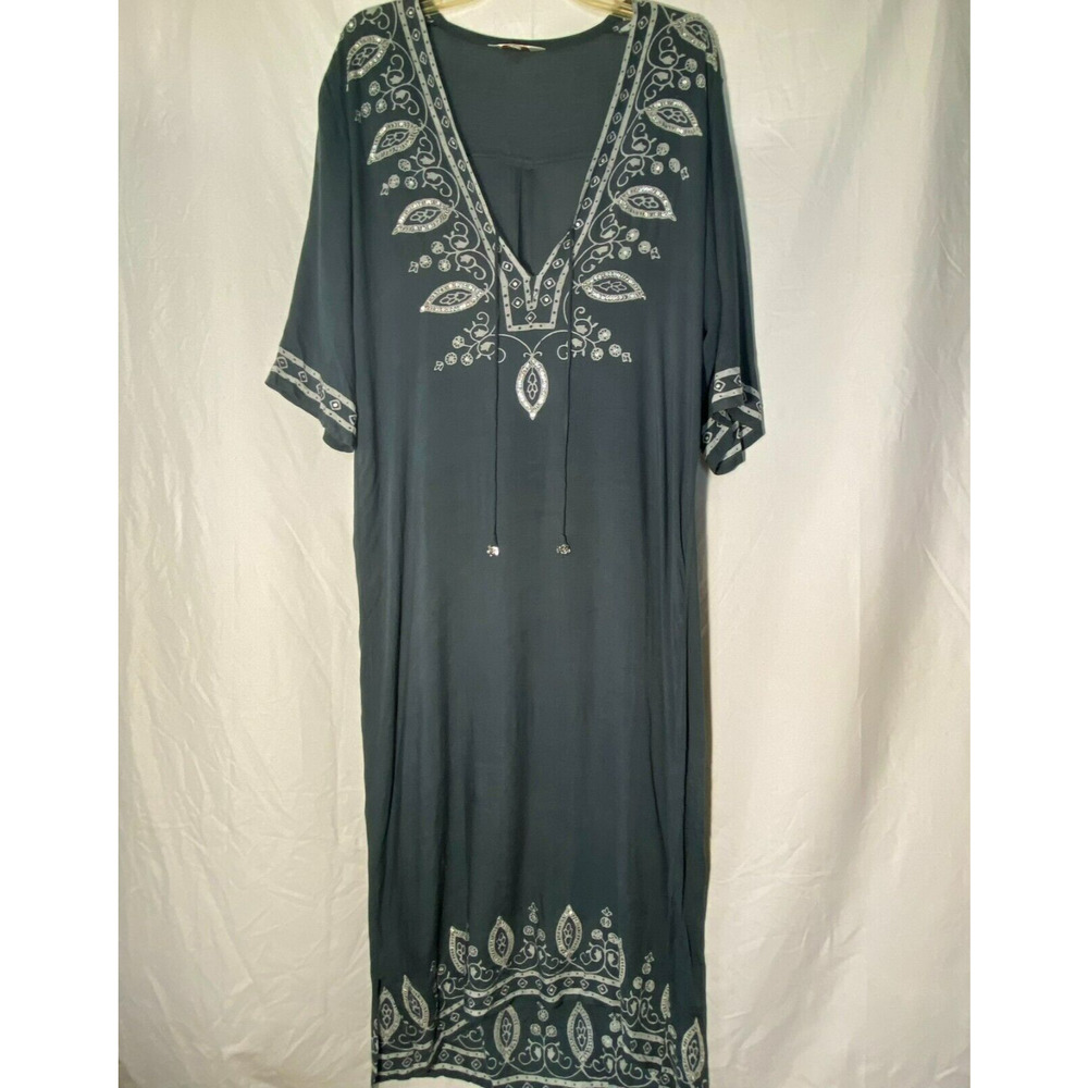 Jo Eden Mimimango Blue Grey Kaftan Loungewear Dress Large Sequin Flowers Leaves
